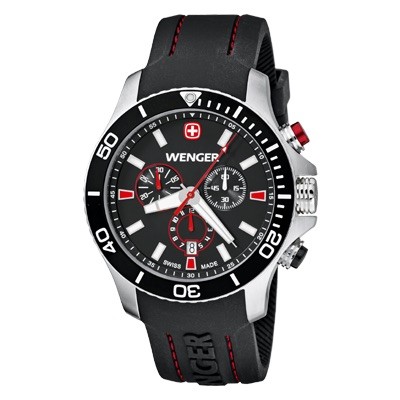 Wenger Sea Force Chrono Black & Red Dial Black Silicone Strap