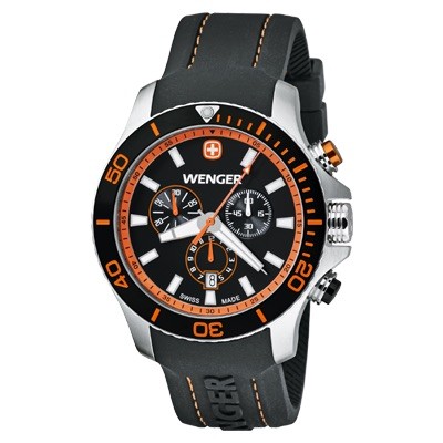 Wenger Sea Force Chrono Black & Orange Dial Black Silicone Strap