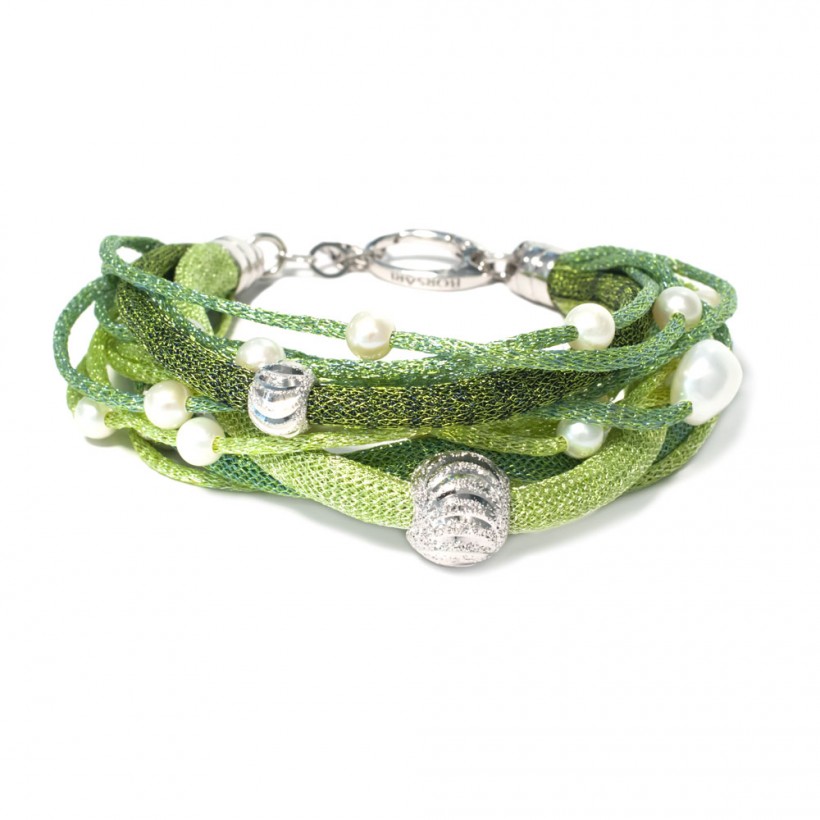 Borsari green shades color bracelet with sparkling silver beads and pearls