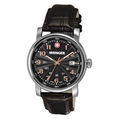 Wenger Urban Classic Black Sunray Textured Dial Brown Leater Strap