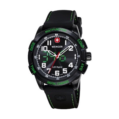 Wenger LED Nomad Compass Black Dial Green LED Black Silicon Strap