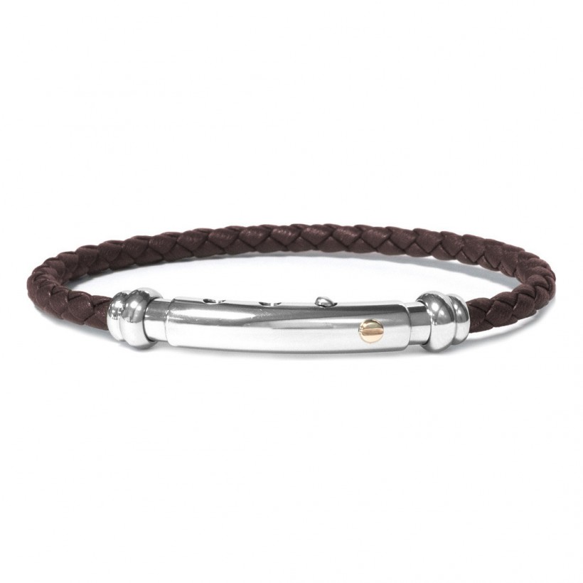 Borsari Tobacco Leather Rope Bangle With Natural Stainless Steel