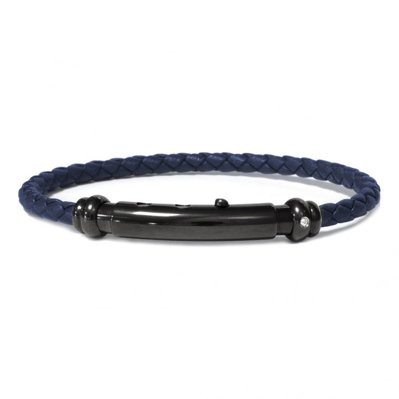 Borsari Blue Leather Rope Bangle With Black Polyester Steel