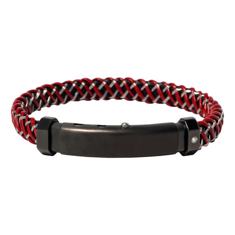 Borsari Black/Red Leather & Steel Braid, Stainless Steel Clasp With Diamond