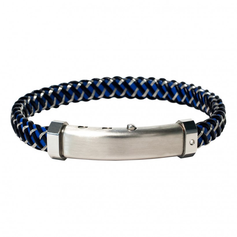 Borsari Blue Leather & Steel Braid, Stainless Steel Clasp With Diamond