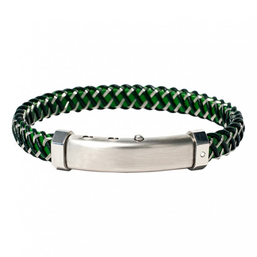 Borsari Green Leather & Steel Braid, Stainless Steel Clasp With Diamond