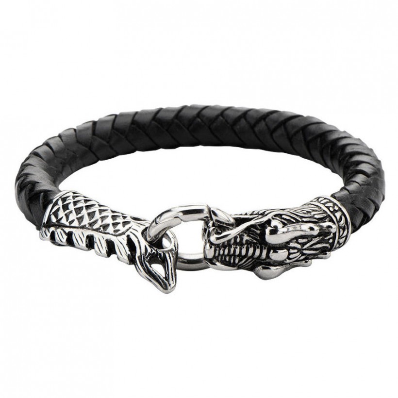 Inox Dragon Head & Tail In Black Braided Leather Bracelet