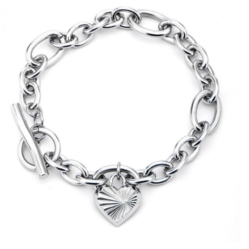Inox Women's Stainless Steel Heart Charmed Toggle Bracelet