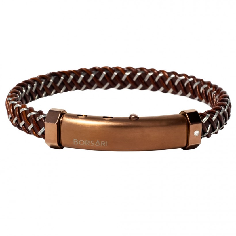 Borsari brown leather & steel braid, stainless steel clasp with diamond