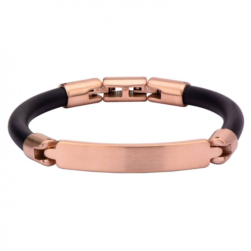 Inox Men's Matte IP Rose Gold Bar ID Rubber Bracelet
