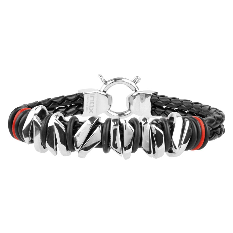 Inox Men's Leather Barcelet Polish Finished & Red Silicone O-Ring