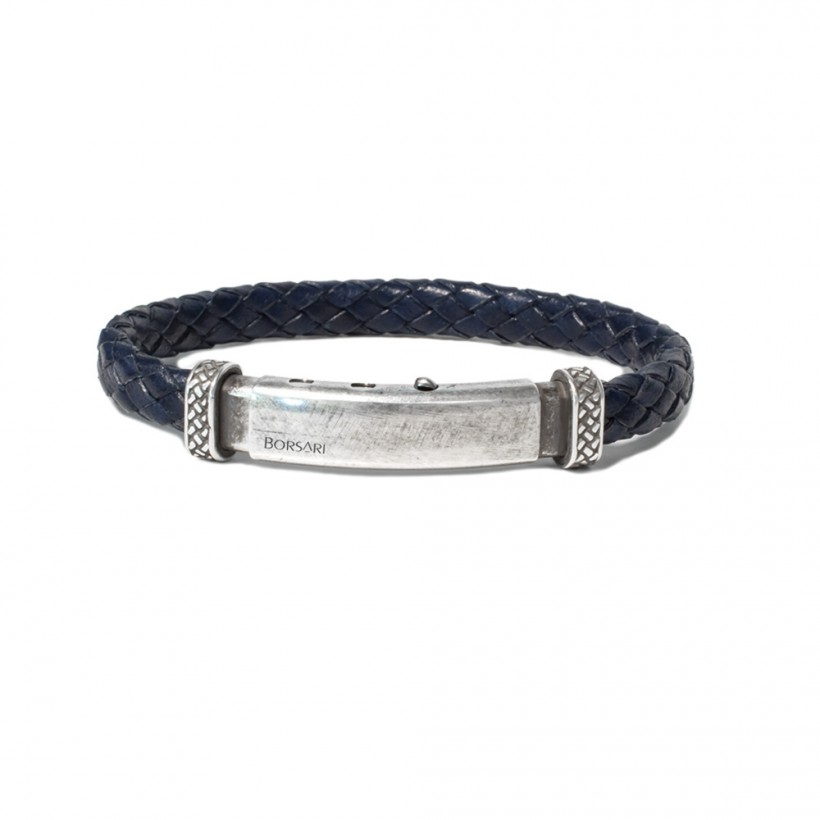 Borsari navy blue leather bracelet, burnish silver clasp