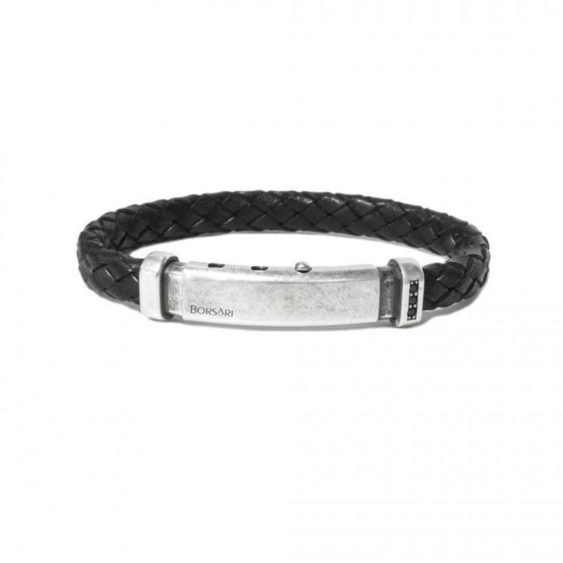 Borsari black leather bangle, silver and spinels clasp