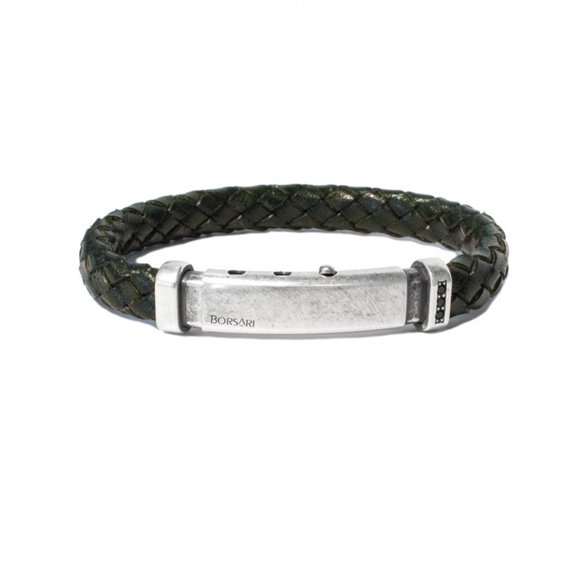 Borsari army green leather bangle, silver and spinels clasp