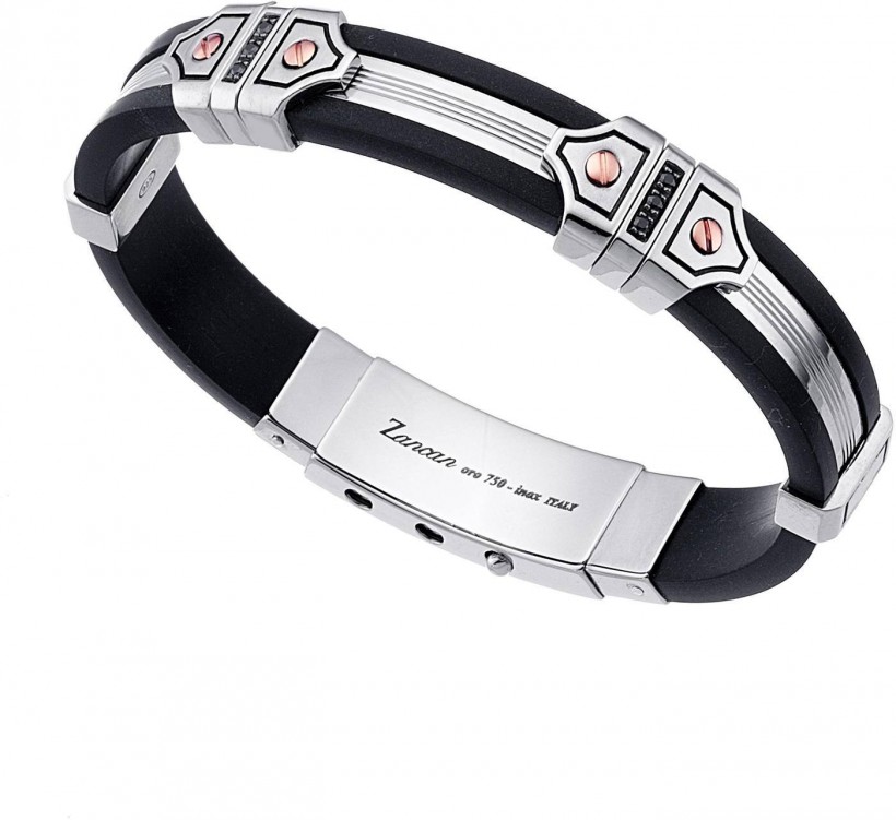 Zancan Rose Gold Silver Silicone Bracelet With Black Spinel