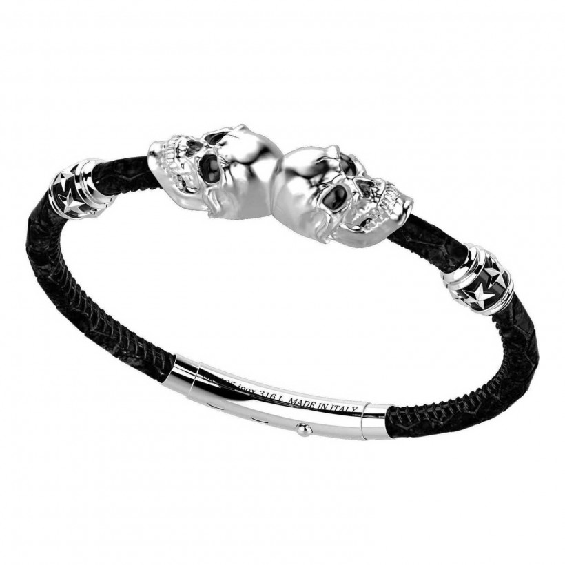 Zancan Sterling Silver Skulls Leather Bracelet EXB770-NE