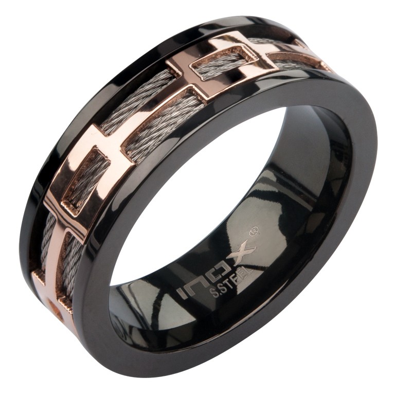Inox Men's Stainless Steel Cable In IP Rose Gold Spinner Ring
