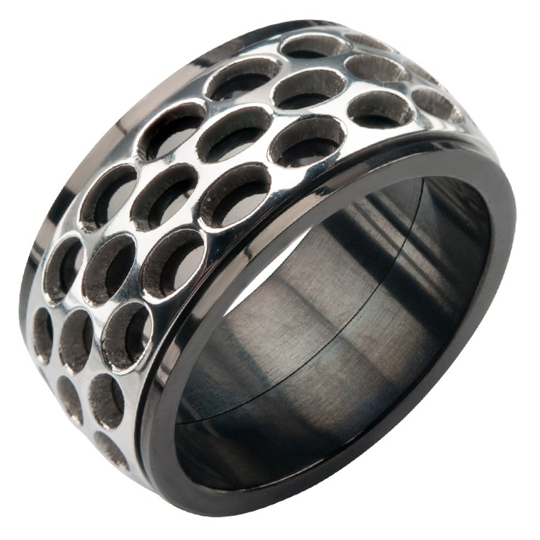 Inox Men's Stainless Steel Black IP Car Grille Spinner Polished Ring