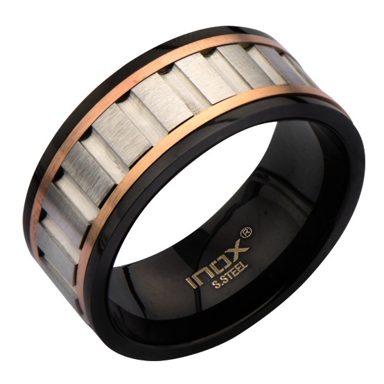 Inox IP Black Ring With Vertical Steel Groove & IP Gold Spinner