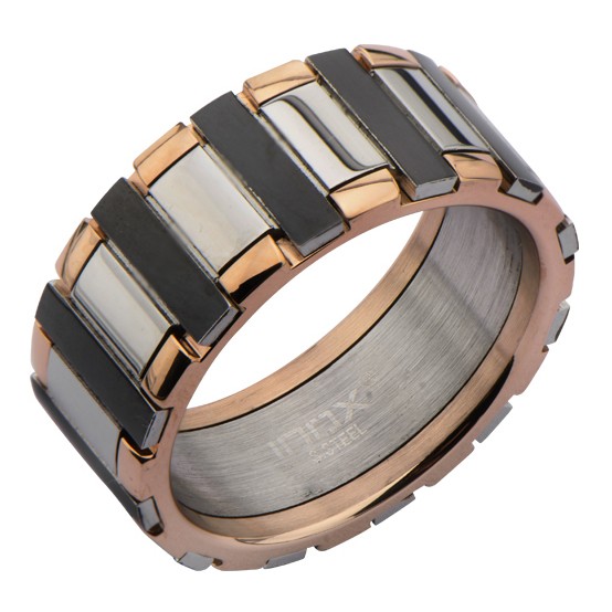 Inox Men's Stainless Steel IP Rose Gold Ring With IP Black Bars