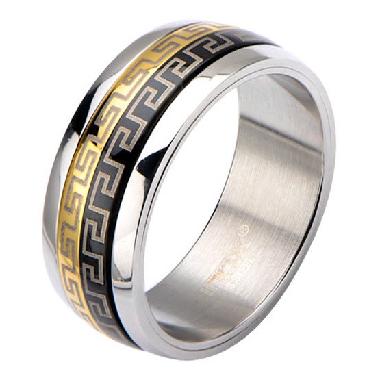Inox Greek Key IP Gold & IP Black Spinner Ring