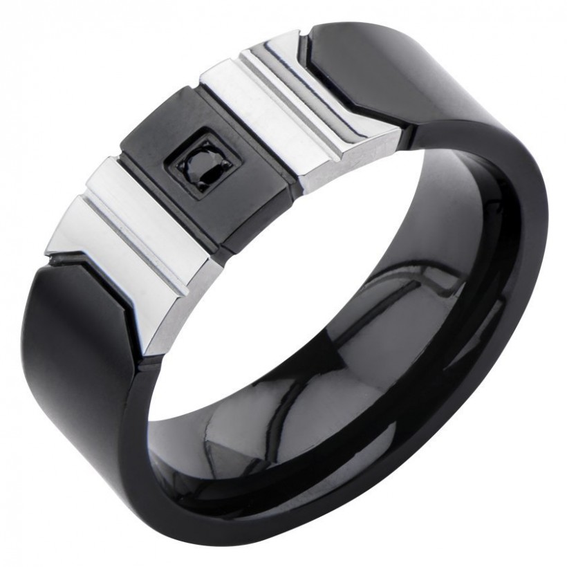 Inox Men's IP Black & Steel with One Black CZ Ring