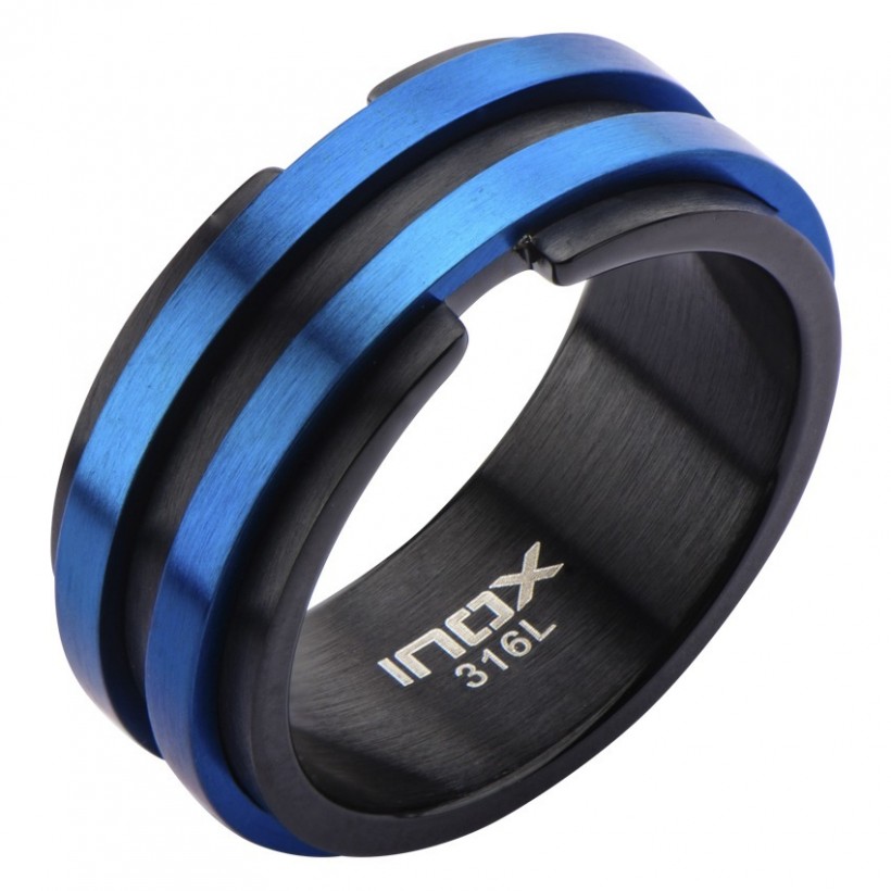 Inox Men's Matte Finished Black & Blue IP Layer Ring
