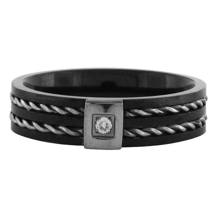 Inox Men's Ring With Two Steel Inlaid Cables & A Raised CZ Stone