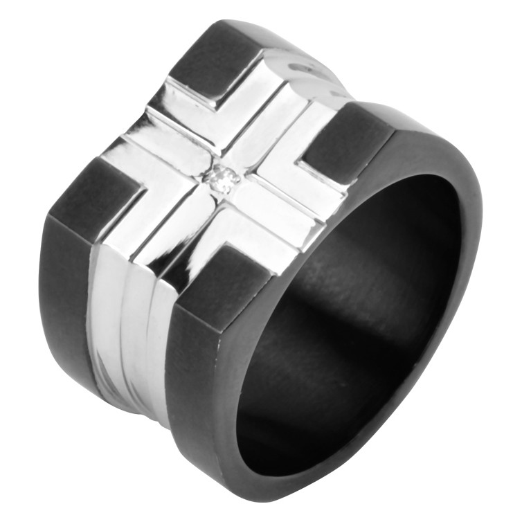 Inox Men's Polish Finished Ring With Black IP Plating With CZ