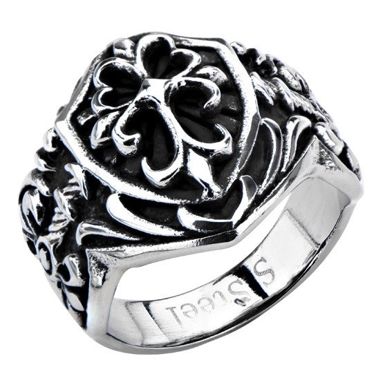 Inox Cross On Shield Polished Ring