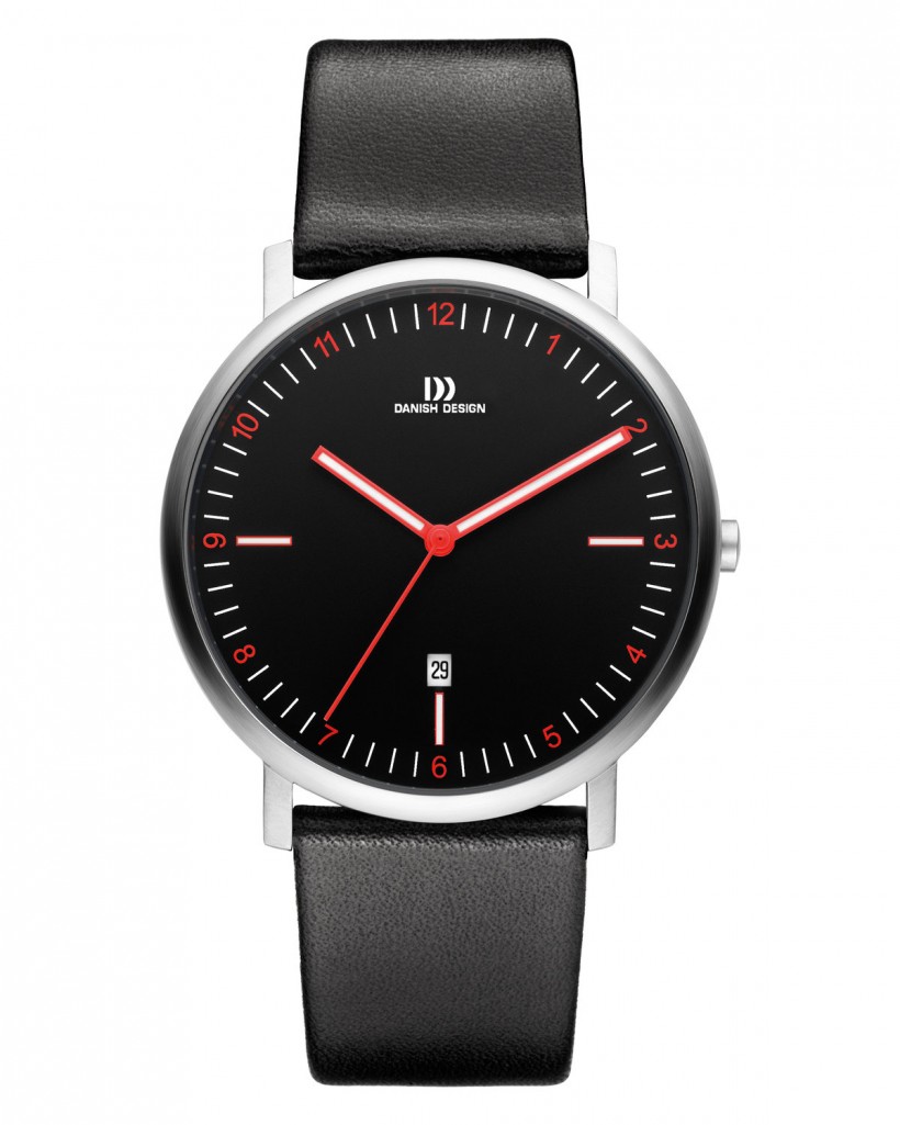 Danish Design Leather Band Stainless Steel Men's Watch Red Accent