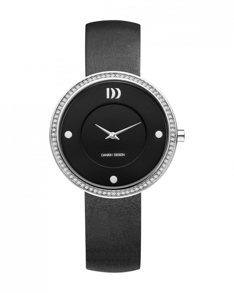Danish Design Black Leather Band Cubic Zirconia Bezel Women's Watch