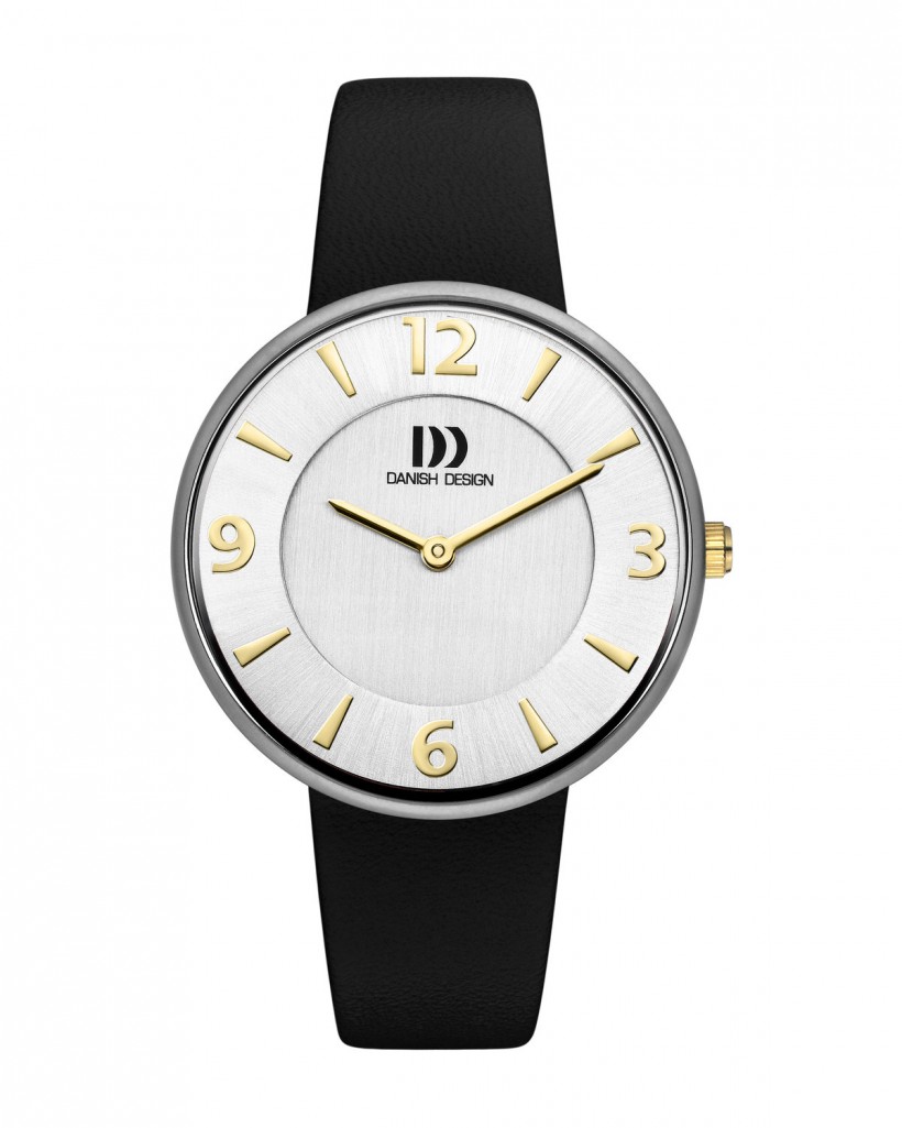 Danish Design Black Leather Band Titanium Women's Watch Gold Accent