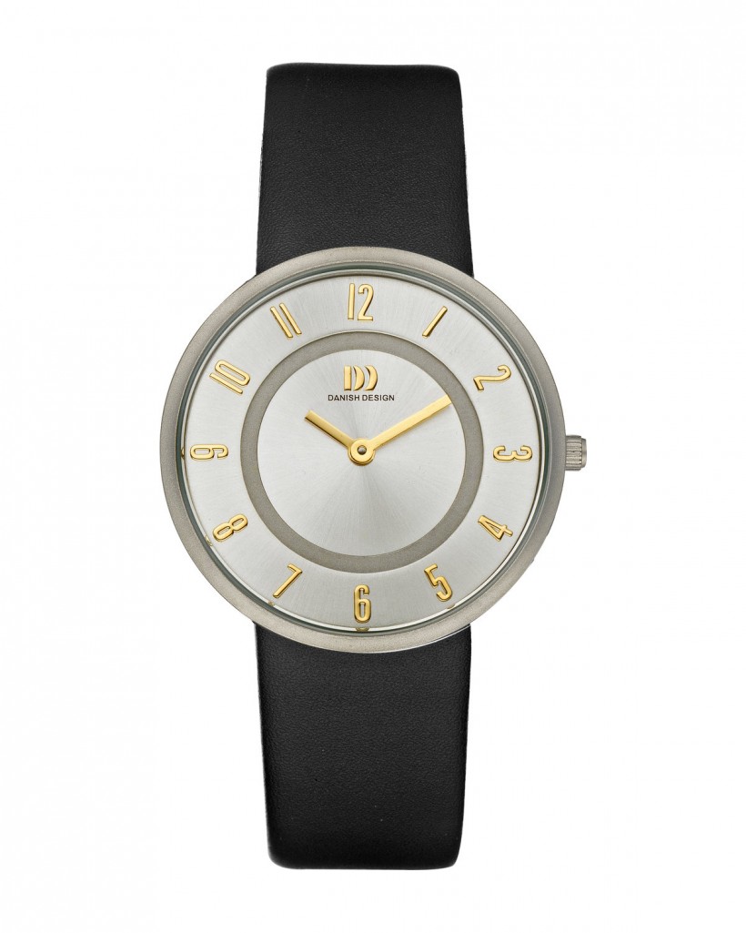 Danish Design Black Leather Band Titanium Women's Watch Gold Accent