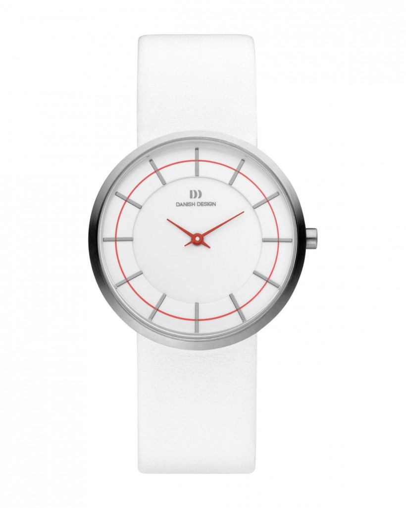 Danish Design Leather Band Stainless Steel Women's Watch Red Accent