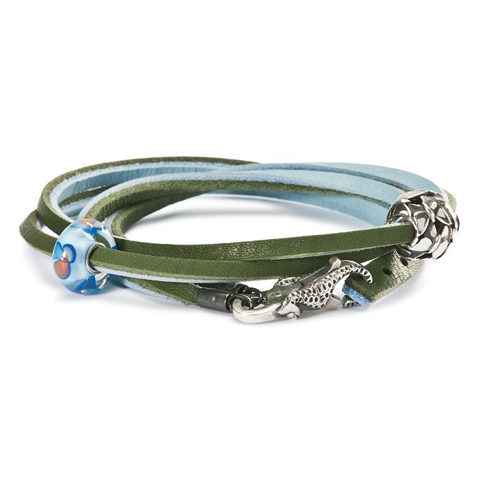 Leather Bracelet, Light Blue/Green, 16.1 inch