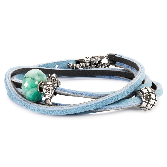 Leather Bracelet, Light Blue/Dark Grey, 16.0 inch