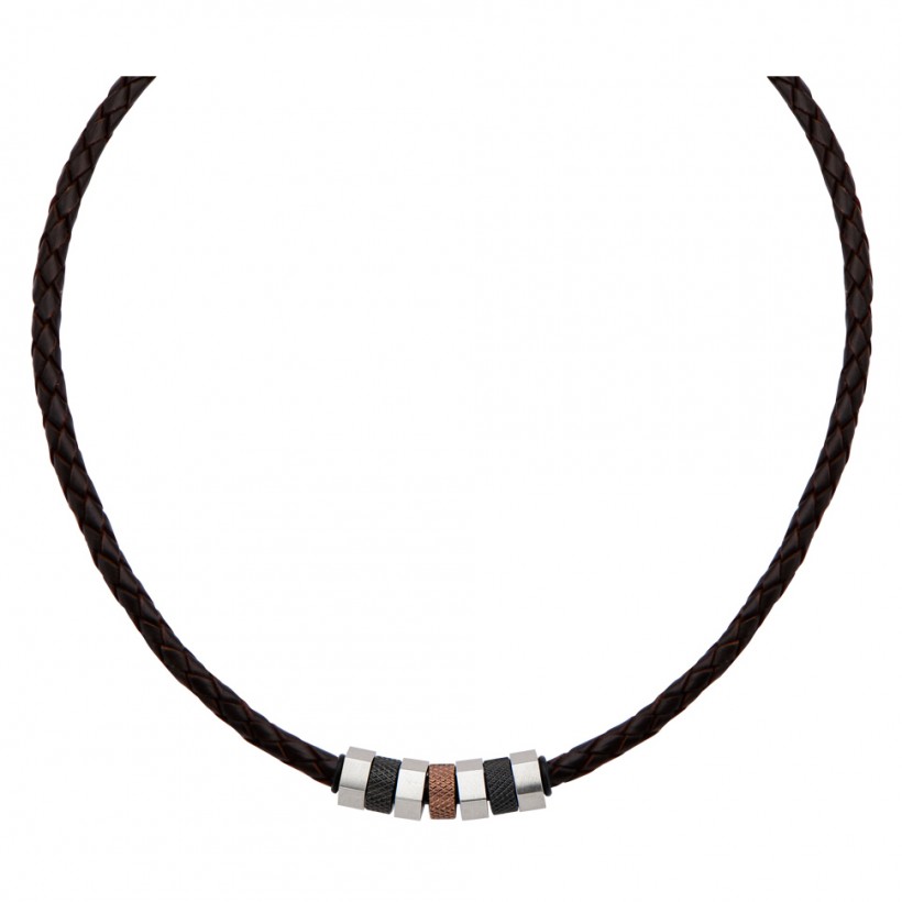 Inox Matte IP Black & Brown Bead Braided Brown Leather Necklace