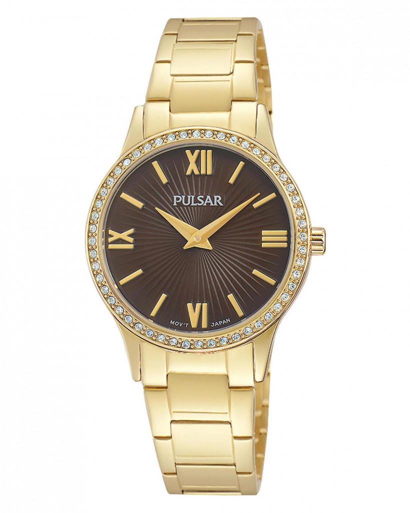 Pulsar Quartz Brown Dial Crystals Gold Tone Women's Watch