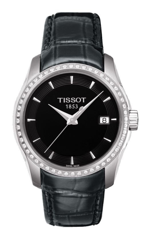 Tissot Couturier Lady Quartz Precious Stone Case Black Dial Watch with Black Leather Strap T0352106605100