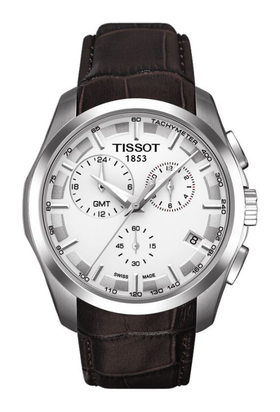 Tissot Couturier Men's Quartz GMT Chronograph Silver Dial Watch with Brown Leather Strap T0354391603100