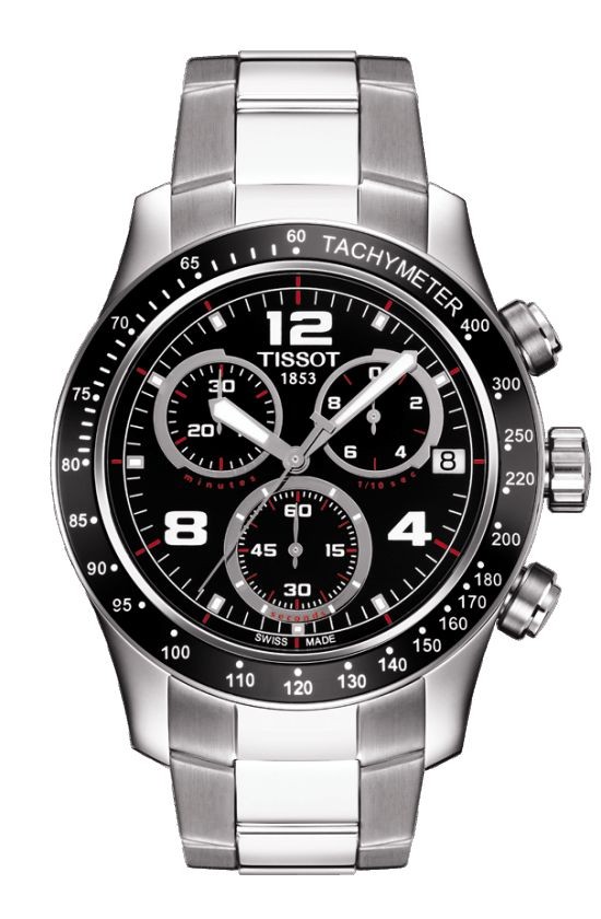 Tissot V8 Men's Quartz Black and White Dial Watch with Stainless Steel Bracelet T0394171105702