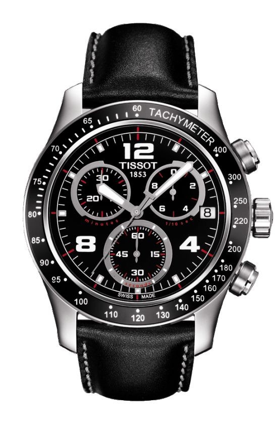 Tissot V8 Men's Quartz Black Dial Watch with Black Leather Strap T0394171605702