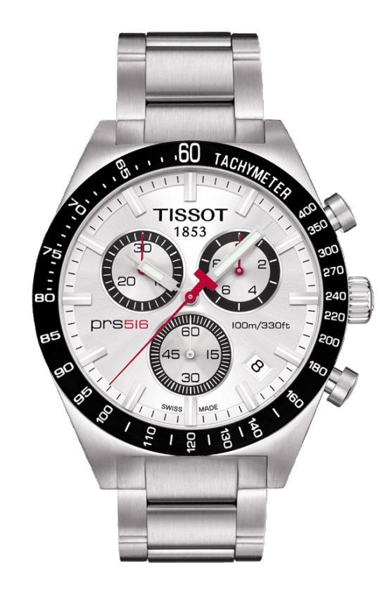 Tissot PRS 516 Men's Quartz Chronograph Silver Dial Watch with Stainless Steel Bracelet T0444172103100