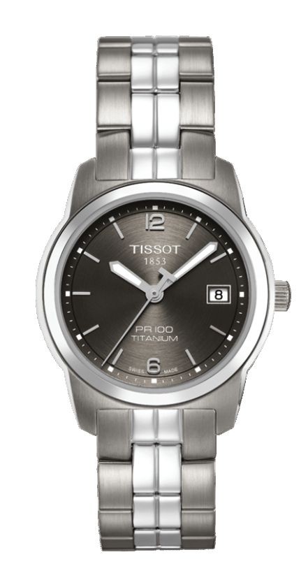 Tissot PR 100 Lady Quartz Anthracite Dial Watch with Titanium Bracelet T0493104406700