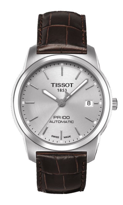Tissot PR 100 Men's Automatic Silver Dial Watch with Brown Leather Strap T0494071603100