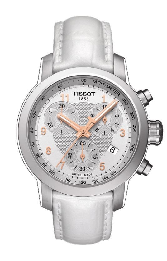 Tissot PRC 200 Lady Quartz Chronograph Silver Dial Watch with White Leather Strap T0552171603201