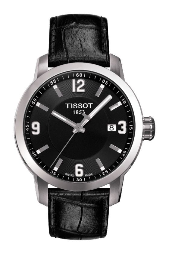 Tissot PRC 200 Men's Quartz Black Dial Watch with Black Leather Strap T0554101605700