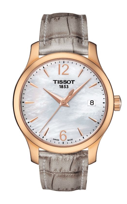 Tissot Tradition Women's Quartz Rose Gold Case MOP Dial Watch with Grey Synthetic Strap T0632103711700