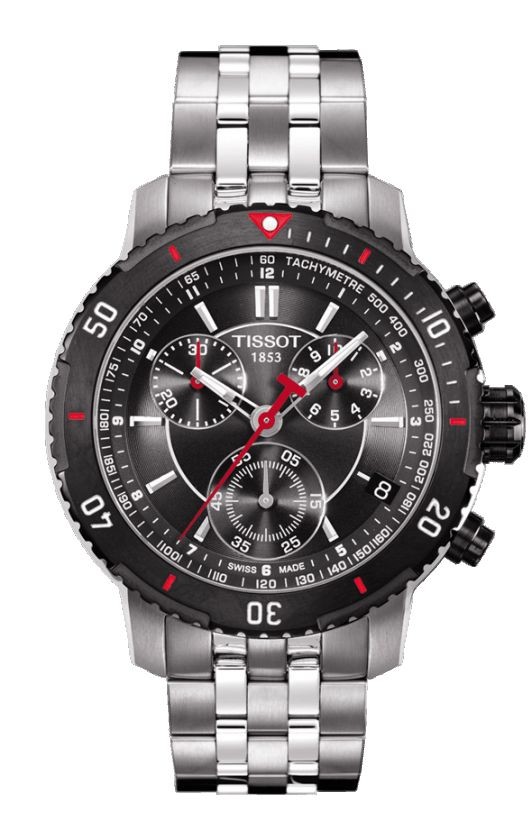 Tissot PRS 200 Men's Quartz Chrono Black and Red Case Black Dial Watch with Stainless Steel Bracelet T0674172105100